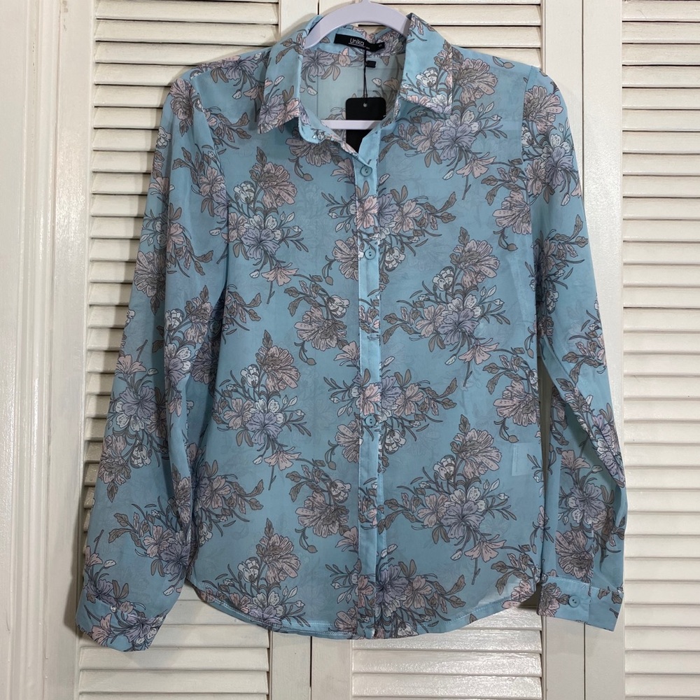 NWT Unika Sheer Floral Button-Up